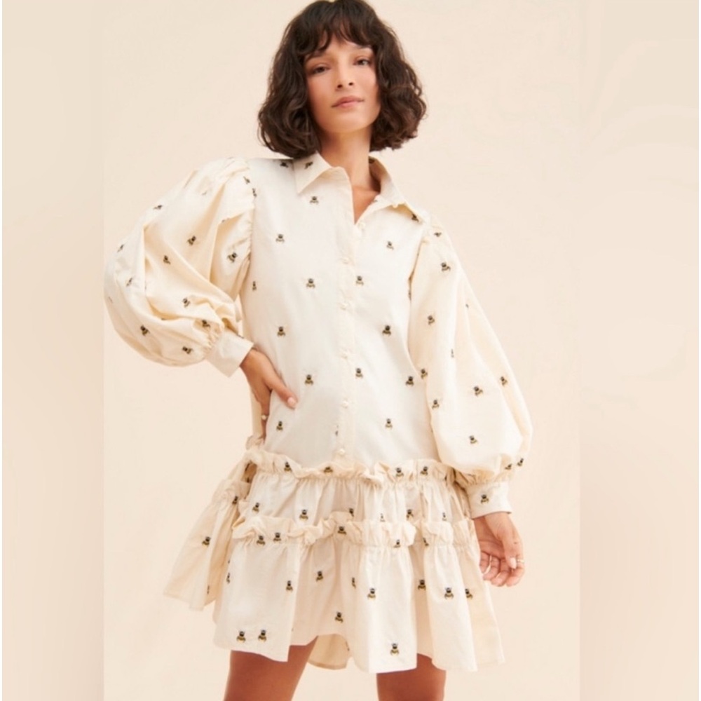 Free People Sister Jane Dropped hem Humble Bee Embroidered Mini Dress in Beige